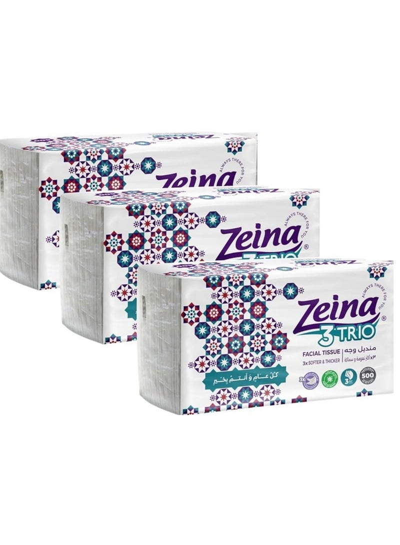 Zeina Trio Facial Tissues Soft Touch 500 Tissue Pack of 3 (Packaging may vary) - Image 1